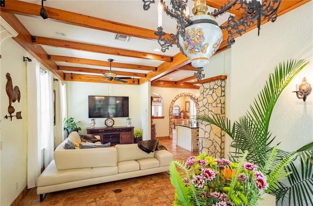 Interior, Living room, Recessed Lighting, Wooden Beams