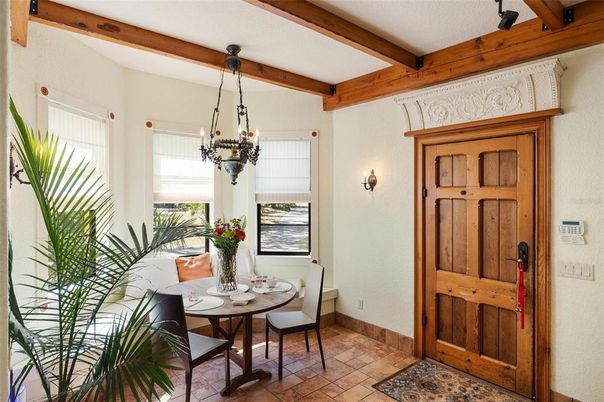 Chandelier, Dining room, Interior, Wooden Beams