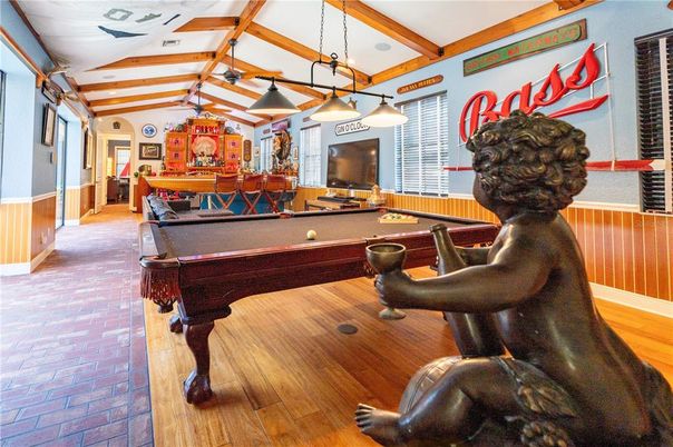 Billiard Table, Game Room, Interior, Pendant Lights, Wooden Beams, Wood Texture Flooring