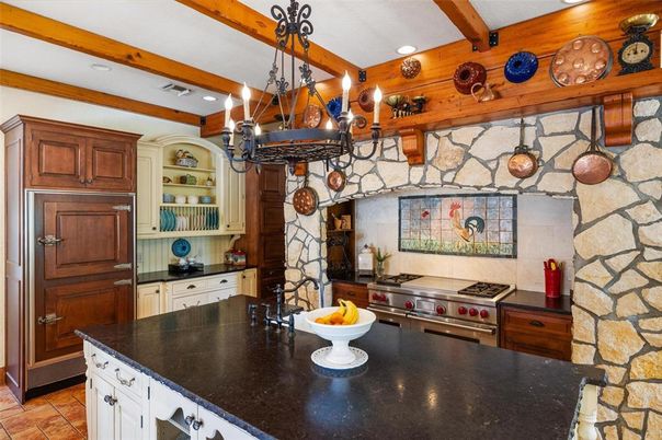 Interior, Kitchen, Pendant Lights, Recessed Lighting, Stainless Steel Appliances, Stone Walls, Wooden Beams