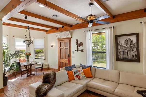 Chandelier, Dining room, Interior, Living room, Recessed Lighting, Wooden Beams