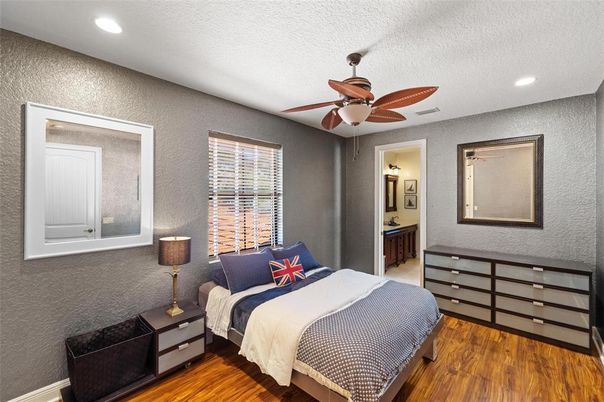 Bedroom, Interior, Recessed Lighting, Wood Texture Flooring
