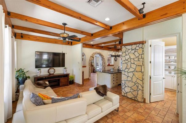 Interior, Kitchen, Living room, Pendant Lights, Recessed Lighting, Stone Walls, Wooden Beams