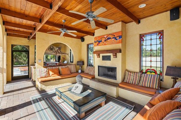 Fireplace, Interior, Living room, Recessed Lighting, Wooden Beams, Wooden Ceilings
