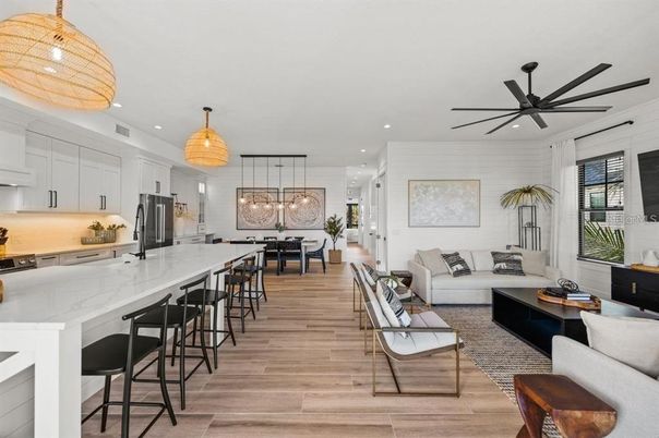 Interior, Kitchen, Living room, Pendant Lights, Recessed Lighting, Stainless Steel Appliances, Wood Texture Flooring