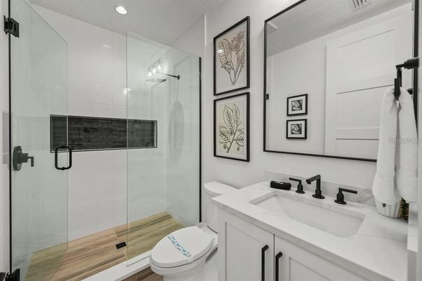 Bathroom, Glass Shower, Interior, Recessed Lighting, Wood Texture Flooring