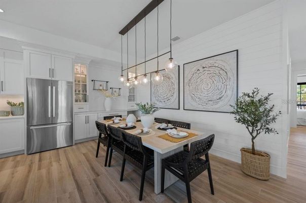 Dining room, Interior, Kitchen, Pendant Lights, Stainless Steel Appliances, Wood Texture Flooring
