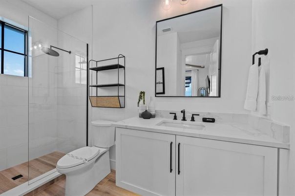 Bathroom, Glass Shower, Interior, Wood Texture Flooring