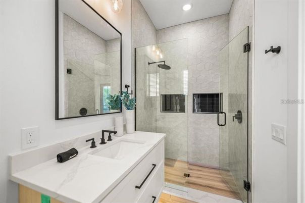 Bathroom, Glass Shower, Interior, Recessed Lighting, Wood Texture Flooring