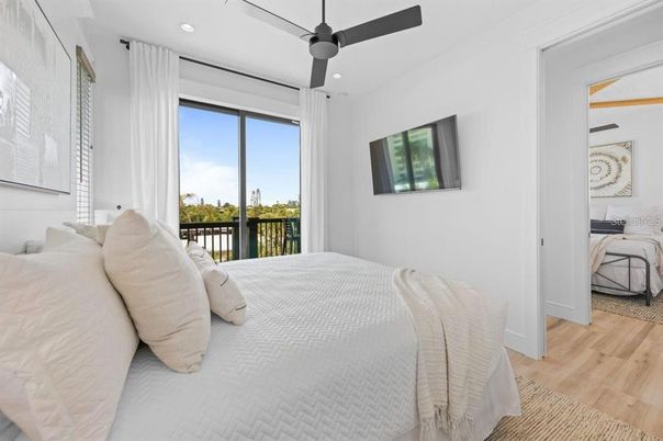 Bedroom, Interior, Recessed Lighting, Wood Texture Flooring
