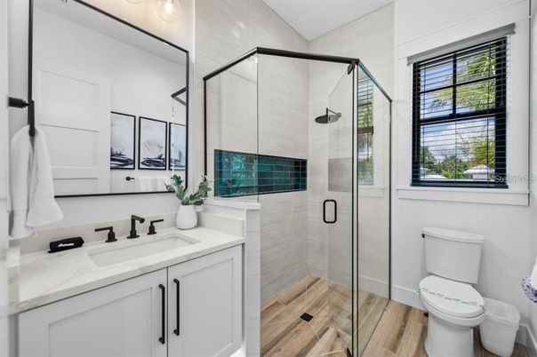 Bathroom, Glass Shower, Interior, Wood Texture Flooring