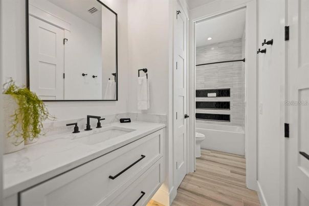 Bathroom, Interior, Recessed Lighting, Wood Texture Flooring