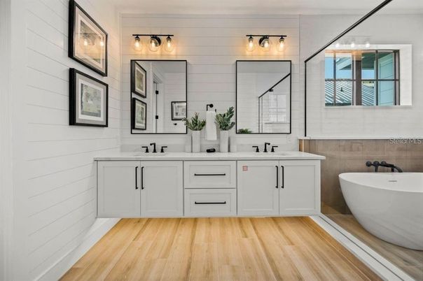 Bathroom, Dual Sink Vanities, Free Standing Baths, Interior, Wood Texture Flooring