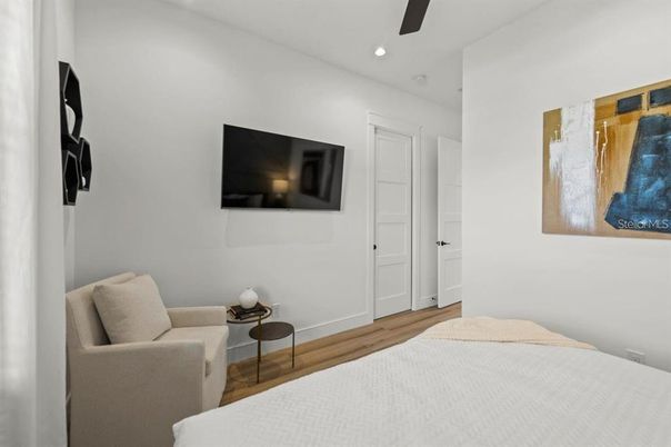 Bedroom, Interior, Recessed Lighting, Wood Texture Flooring