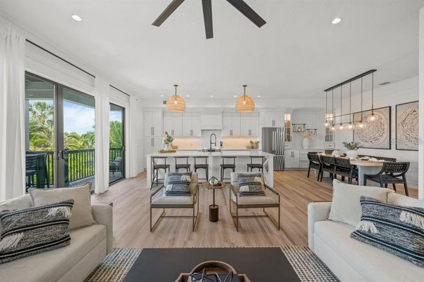 Dining room, Interior, Kitchen, Living room, Pendant Lights, Recessed Lighting, Stainless Steel Appliances, Wood Texture Flooring