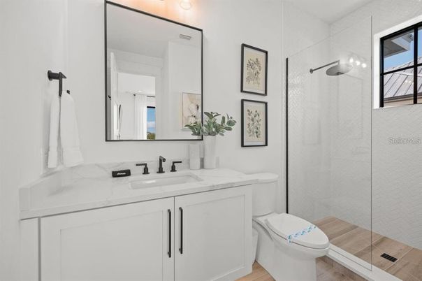 Bathroom, Glass Shower, Interior, Wood Texture Flooring