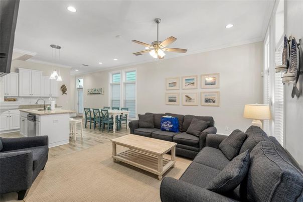 Dining room, Interior, Kitchen, Living room, Pendant Lights, Recessed Lighting, Wood Texture Flooring