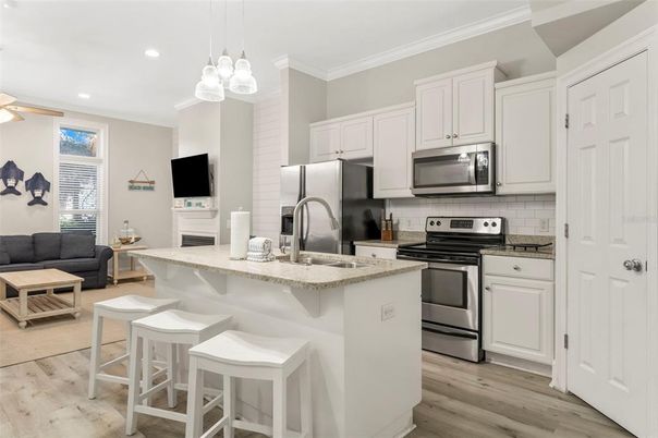 Interior, Kitchen, Living room, Pendant Lights, Recessed Lighting, Stainless Steel Appliances, Wood Texture Flooring