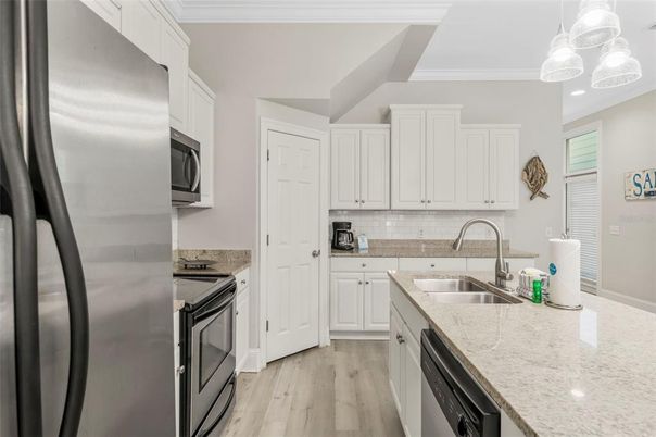 Interior, Kitchen, Pendant Lights, Stainless Steel Appliances, Wood Texture Flooring