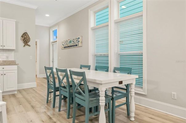 Dining room, Interior, Recessed Lighting, Wood Texture Flooring