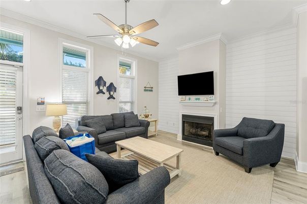 Fireplace, Interior, Living room, Recessed Lighting, Wood Texture Flooring