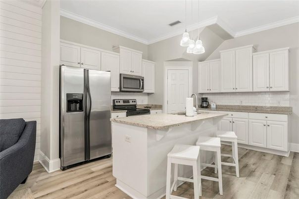 Interior, Kitchen, Pendant Lights, Stainless Steel Appliances, Wood Texture Flooring