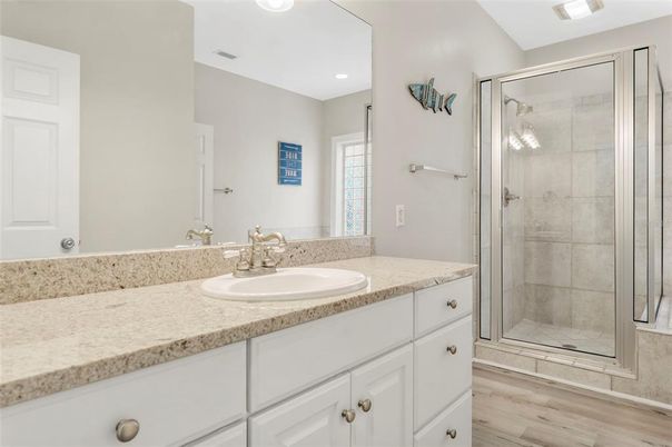 Bathroom, Glass Shower, Interior, Recessed Lighting, Wood Texture Flooring