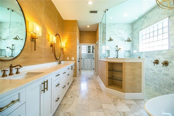 Bathroom, Dual Sink Vanities, Glass Shower, Interior, Marble, Recessed Lighting