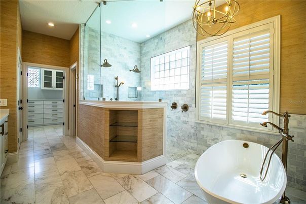 Bathroom, Free Standing Baths, Glass Shower, Interior, Marble, Pendant Lights, Recessed Lighting