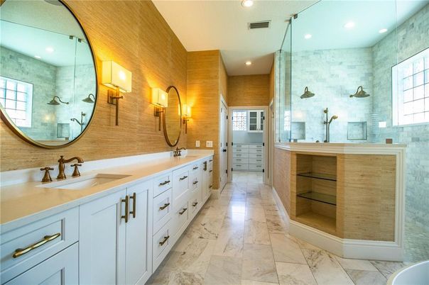 Bathroom, Dual Sink Vanities, Glass Shower, Interior, Marble, Recessed Lighting