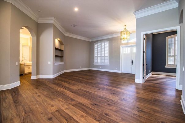 Chandelier, Empty room, Interior, Recessed Lighting, Wood Texture Flooring