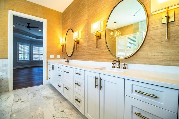 Bathroom, Dual Sink Vanities, Interior, Marble, Wood Texture Flooring