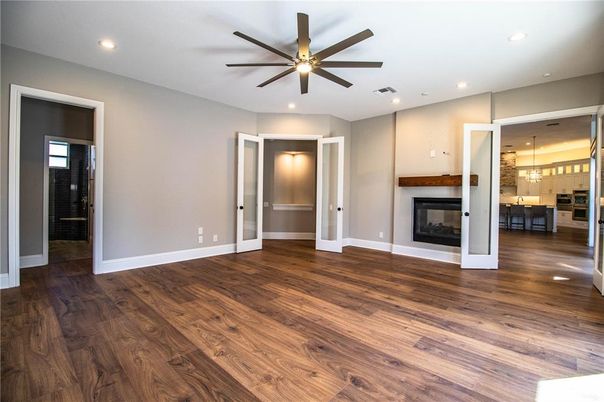 Empty room, Fireplace, Interior, Recessed Lighting, Wood Texture Flooring
