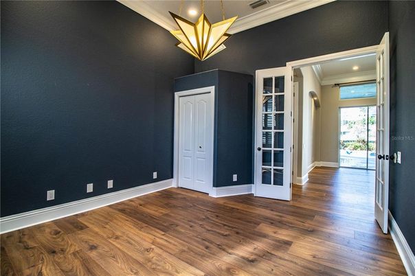 Empty room, Interior, Pendant Lights, Recessed Lighting, Wood Texture Flooring