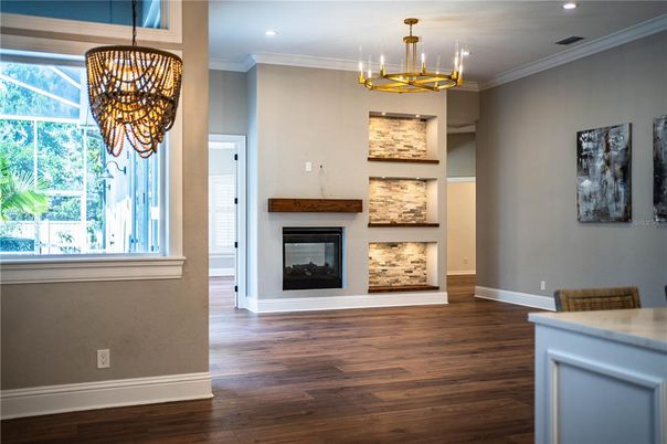 Chandelier, Fireplace, Interior, Pendant Lights, Recessed Lighting, Wood Texture Flooring