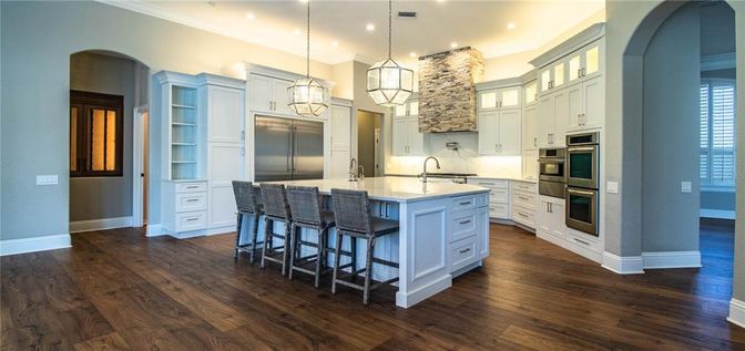Interior, Kitchen, Pendant Lights, Recessed Lighting, Stainless Steel Appliances, Wood Texture Flooring