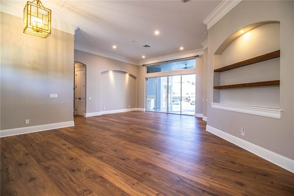 Empty room, Interior, Recessed Lighting, Wood Texture Flooring