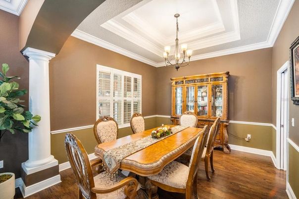 Chandelier, Dining room, Interior, Wood Texture Flooring