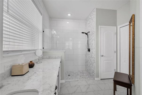 Bathroom, Glass Shower, Interior, Marble, Recessed Lighting