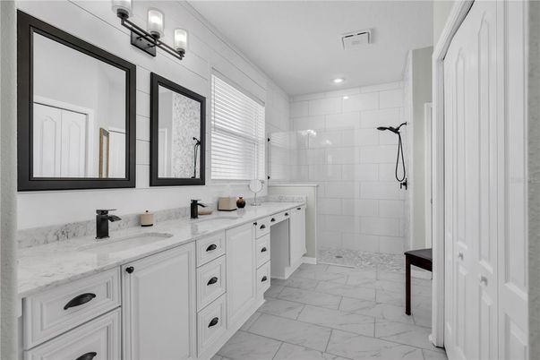 Bathroom, Dual Sink Vanities, Interior, Marble, Recessed Lighting