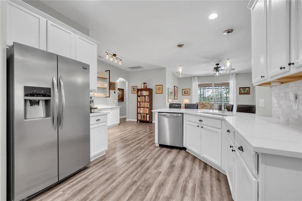 Interior, Kitchen, Pendant Lights, Recessed Lighting, Stainless Steel Appliances, Wood Texture Flooring