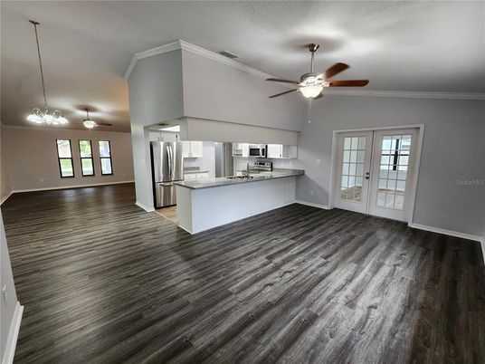 Interior, Kitchen, Pendant Lights, Stainless Steel Appliances, Wood Texture Flooring