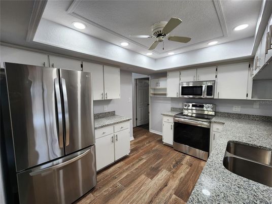 Interior, Kitchen, Recessed Lighting, Stainless Steel Appliances, Wood Texture Flooring