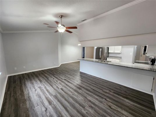 Empty room, Interior, Kitchen, Stainless Steel Appliances, Wood Texture Flooring