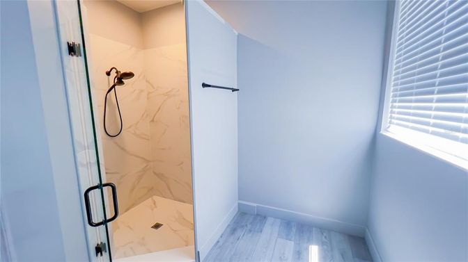 Bathroom, Glass Shower, Interior, Marble, Marble Walls, Wood Texture Flooring