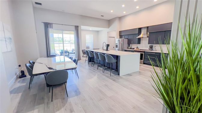 Dining room, Interior, Kitchen, Recessed Lighting, Wood Texture Flooring