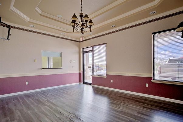 Chandelier, Empty room, Interior, Recessed Lighting, Wood Texture Flooring