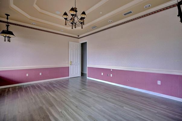 Chandelier, Empty room, Interior, Recessed Lighting, Wood Texture Flooring