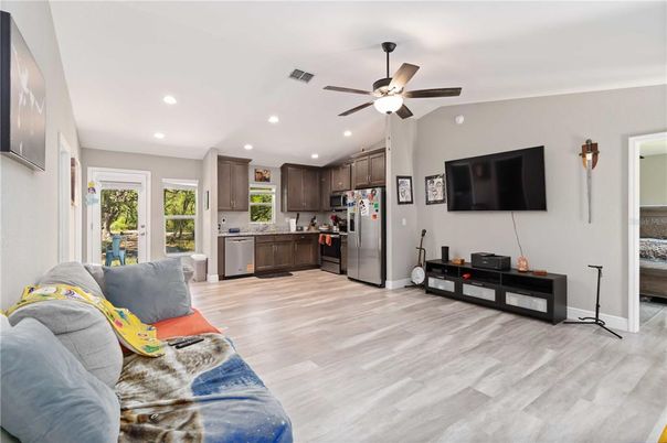 Interior, Kitchen, Recessed Lighting, Stainless Steel Appliances, Wood Texture Flooring
