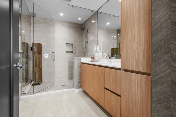 Bathroom, Dual Sink Vanities, Glass Shower, Interior, Recessed Lighting